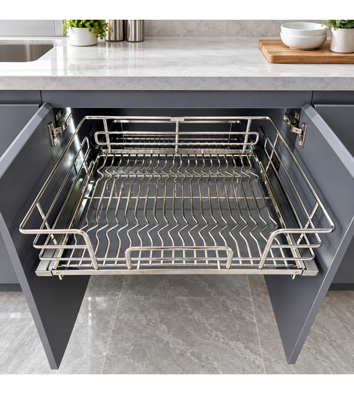 Giá Xoong Nồi Nan Oval Âm Tủ EUROGOLD Inox 304 – Gắn Cánh, Ray Giảm Chấn
