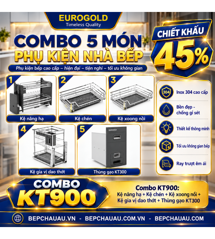 COMBO 5 MÓN PHỤ KIỆN NHÀ BẾP EUROGOLD NAN DẸT – INOX 304 CAO CẤP