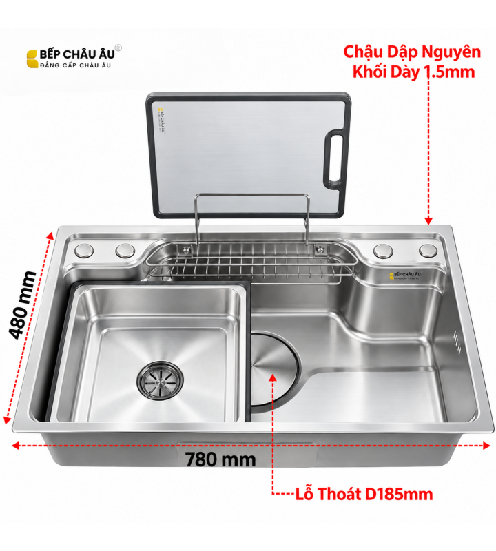 Chậu Rửa Chén Inox Bếp Châu Âu 780x480mm Dày 1.5mm, Chậu Rửa Bát 1 Hố Đa Năng Dập Nguyên Khối Kèm Thớt Rổ Inox