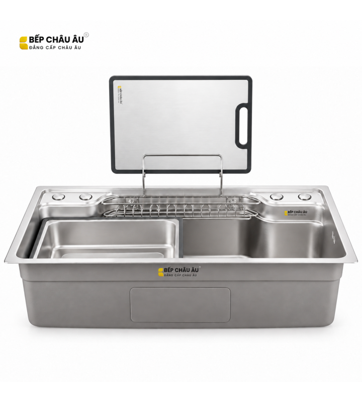 Chậu Rửa Chén Inox Bếp Châu Âu 780x480mm Dày 1.5mm, Chậu Rửa Bát 1 Hố Đa Năng Dập Nguyên Khối Kèm Thớt Rổ Inox