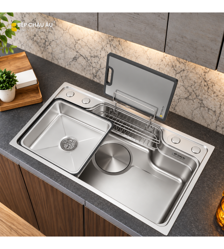 Chậu Rửa Chén Inox Bếp Châu Âu 780x480mm Dày 1.5mm, Chậu Rửa Bát 1 Hố Đa Năng Dập Nguyên Khối Kèm Thớt Rổ Inox
